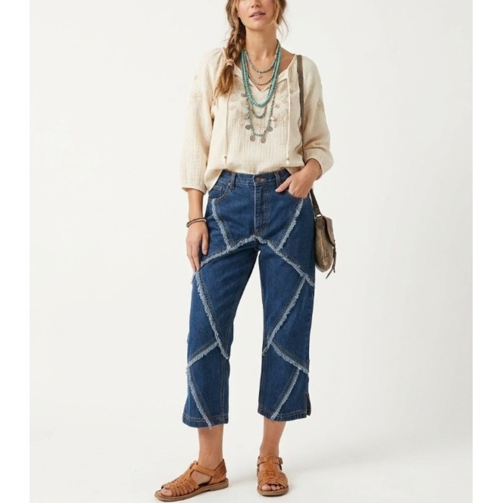 Vintage Juke Box sz 9/10 Blue‎ Medium Wash Y2K Patchwork Boho Bootcut Crop Jeans